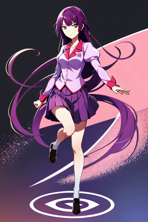1girll,,Emoji seduction,senjougahara hitagi, Solo, upper legs, Skirt, Long hair, Naoezu High School uniform, Blue eyes, Juliet sleeves, school uniform, Purple hair, shirt, zettai ryouiki, Medium breasts, Very long hair, Purple skirt, Miniskirt,dancing in a...