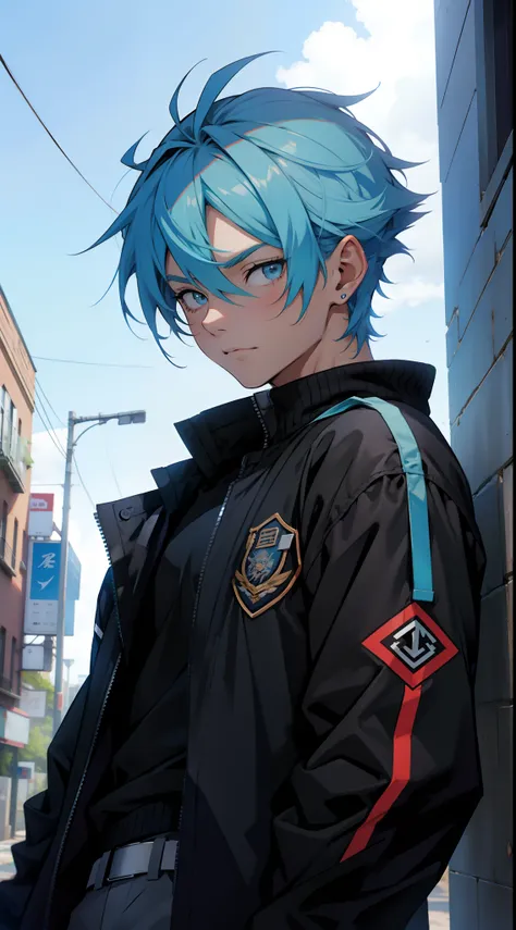 a anime teen guy, with short blue hairs, wearing a black jacket