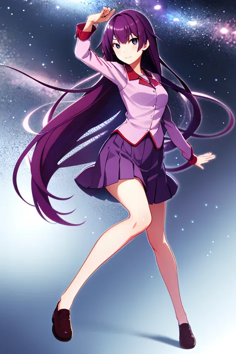 1girll,，emoji seduction，senjougahara hitagi, solo, upper legs, skirt, long hair, naoezu high school uniform, blue eyes, juliet s...