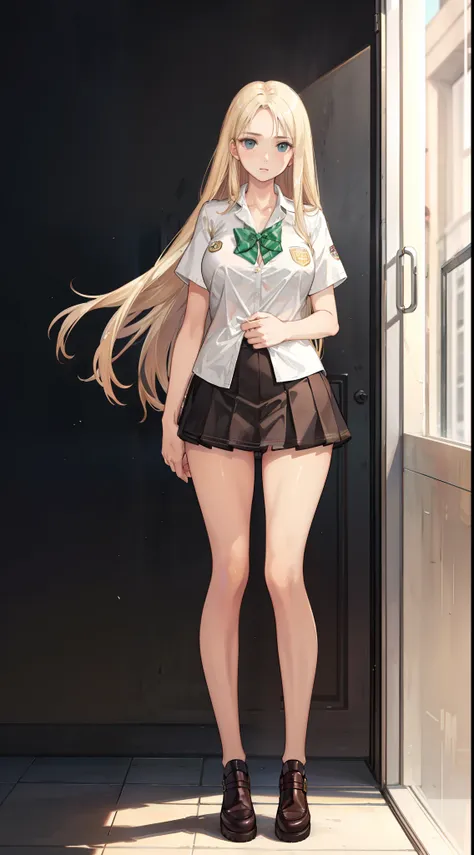 "blonde-haired girl with flowing locks, dressed in a trendy school uniform featuring a stylish short skirt, highlighting her sle...