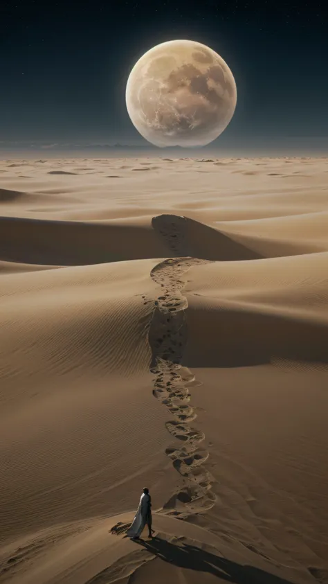 A desert, pyramid, cyber punk perssonage, epcot, Pink moon, Two moons,glddrp, landscape shot:1.2,A desert,A desert,A desert,Endless desert,Dark style,Gray sandstorms,Dimly lit sky,galactic,Bones in the desert,Desert ruins,Remnants of an ancient civilizatio...