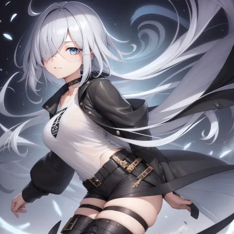 ultra-detailed, masterpiece, highest quality, 1girl, short light blue hair, dark green eyes, sidelighting, glowing eyes, high quality, best quality, headphones, white t-shirt, oversized shirt, straight hair, lean body, jean shorts, black thigh highs, black...