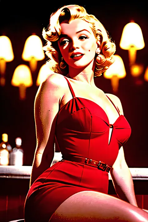 marylin monroe dressed in a red dress inspired by the 1950s, completo con una falda completa y enagua, her hair styled in classi...