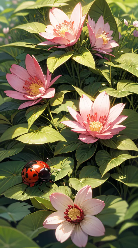 a ladybug traverses the surface of a may flower, its vibrant red against the flower's pastel hues, the flower nestled in a lush ...