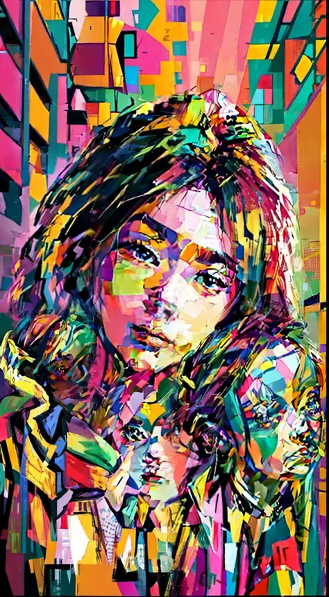 criar uma obra de arte digital no estilo pop art, apresentando uma mulher quieta e timida com maquiagem ousada e moda colorida a...