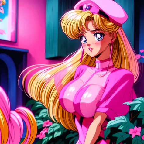 Blonde Barbie dressed in pink as if it was a screencap of a vintage 90s romance anime