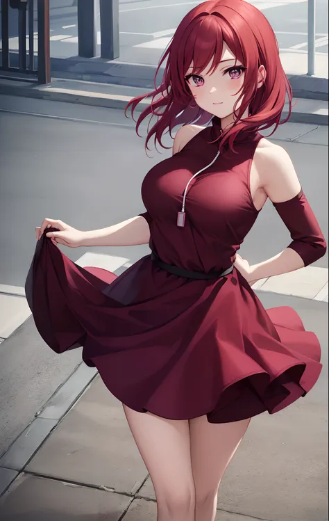 nishikino maki, purple eyes,red hair,angelic dress ,blunt hair,curvy body, holding mp3, earphones, running,