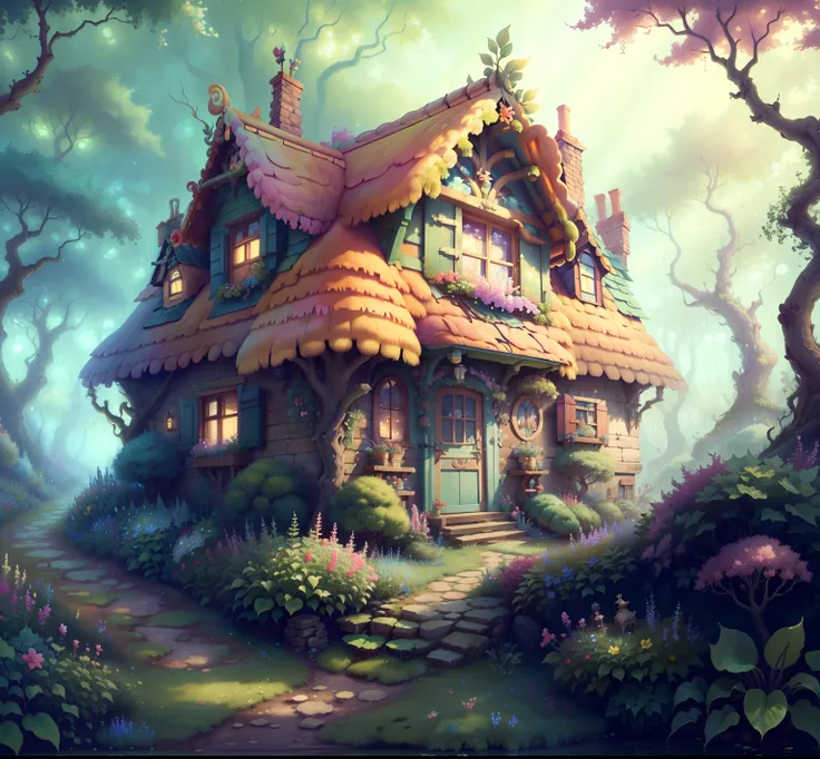 fairy taleai masterpiece, tendances, 8k .the cottage was nestled among the trees and surrounded by a beautiful garden filled wit...