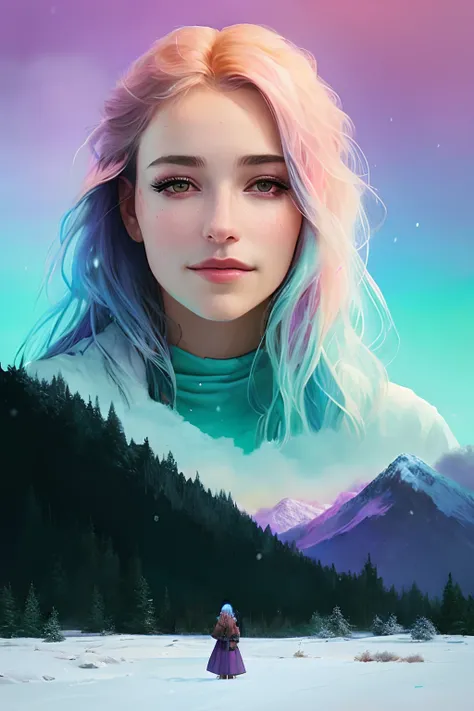 a woman with blue hair and pink and purple hair standing in a snowy field, epic portrait illustration, beautiful digital illustr...