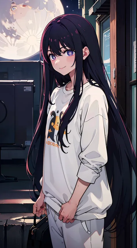 long hair, night time, neighbourhood, outside, dark sky, stars, moon, white t-shirt, sweatpants, going to convenience store, hap...