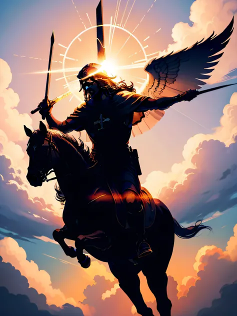 Minimalist outline silhouette of Jesus descending from heaven on earth on a horse with a sword in his hands and the people of all the earth watching him coming over the clouds