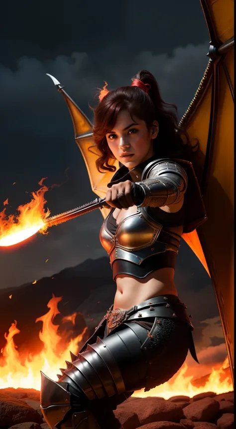 Altas Resoluciones, La mejor calidad, extremadamente detallado, Background area lighting, Disco duro, 8k, extremadamente intrincado:1.3), (Disparo de vaquero), pintura, (1 women centrado), fire dragon, ojos rojos, (Se forma lava en el cuerpo para formar un...