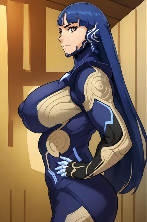 (masterpiece, best quality:1.2), cowboy shot, solo, male focus, 1girl, female, nahobino, expressionless, closed mouth, looking at viewer, arms at side, armor, bodysuit, smile, huge breast