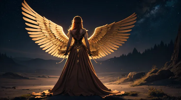 a woman with long, golden hair, with majestic wings on her back, is standing in a nocturnal landscape illuminated by a soft ligh...