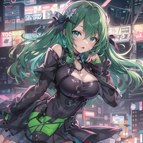 Anime girl, green hair, short dress, sexy, large breasts, neon lighting