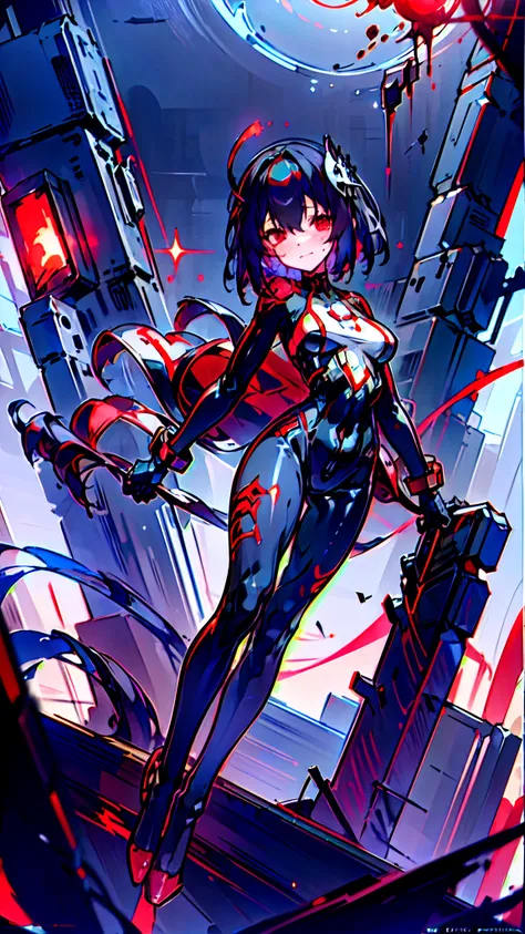 wince, long eyelasher, solid circle eyes, Light smile, Ear blush, devil pupils, Red eyes, Tears, Empty eyes, Dark blue hair, hair between eye, Short hair, huge ahoge, Mad eyes, bandage on, bandage over one eye, Smile, Sad, Crying, ripped apart, expressionl...