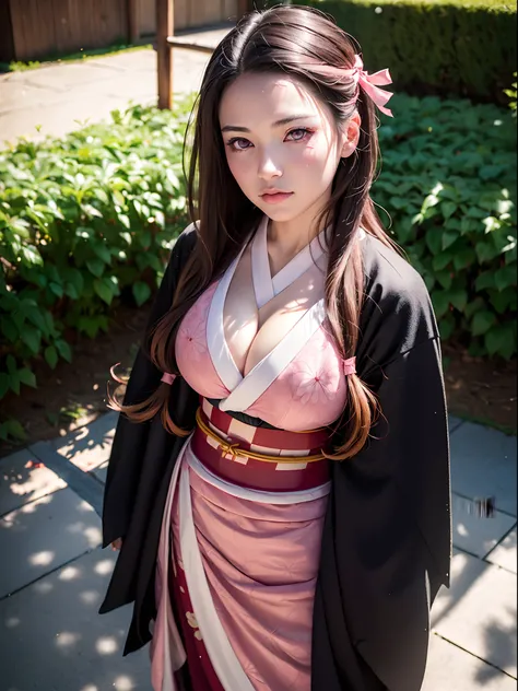 (masterpiece, best quality:1.4), (full body:1.5), (standing:1.5), 1girl, solo, (european youth:1), , kamado nezuko, 1girl, bamboo, (bit gag:0.8), brown hair, (checkered sash:1), gag, gagged, gradient hair, hair ribbon, (pink haori), japanese clothes, (blac...