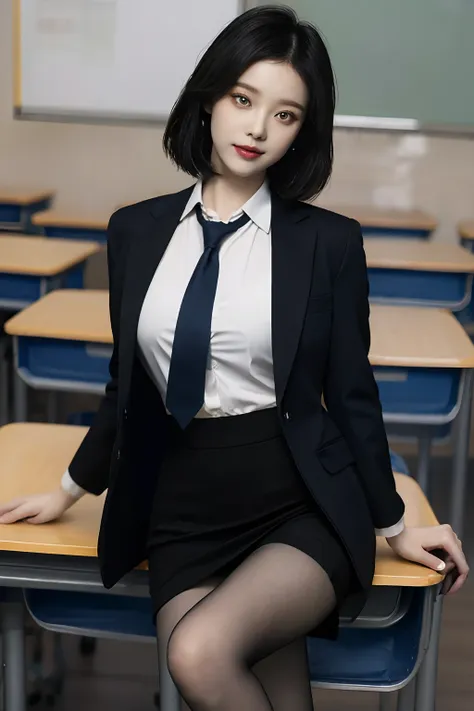 a high resolution，21-year-old girl，full bodyesbian，large round chest，校服，tiese，tie ribbon，blazer jacket，a skirt，beautiful eyes in...