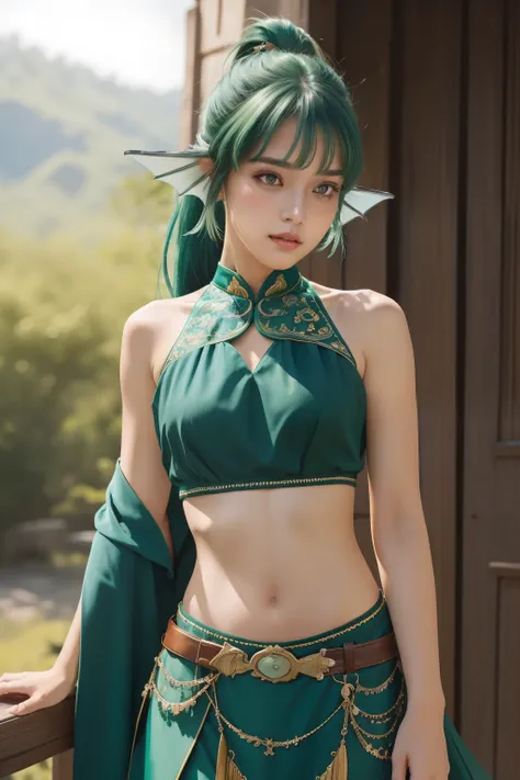 (masterpiece, best quality), intricate details,
1girl, finana, (head fins:1.2), ponytail, green hair, midriff, , navel, long hair, looking at viewer, crop top, cowboy shot hair ornament, medium breasts, bangs,
anjanath (armor),
