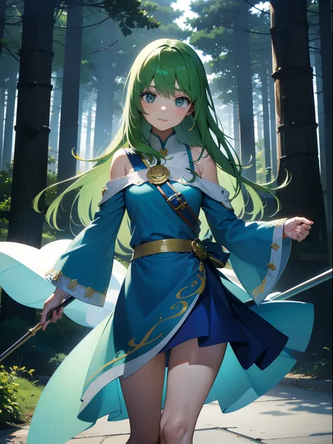3CGthe wind、Green Wizard、holding an cane、Beautiful images、hight resolution、masutepiece、Beautiful Blue Forest、The magic of the shining world、