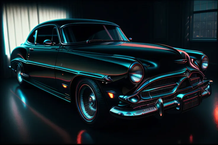 arafed view of a classic car in a dark room, rendered in povray, rendered in cinema4d, rendered in cinema 4 d, blueshift render,...