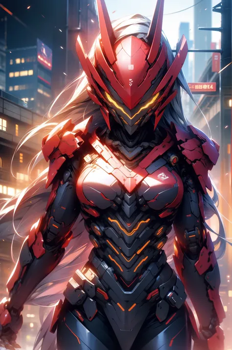 (masterpiece,best quality: 1.2),(ultra-detailed face),(no headgear),her armor glows red as the neon city lights dance across its...