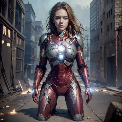 (best quality), (masterpiece), (horror), (bloody), Ironman, (brown messy hair), (tired and weak face, busted lips, bleeding lips),(perfect body, perfect boobs, perfect thighs), ((dirty and bloody skin)),(tears, blood, bruises on face and body, blood flowin...