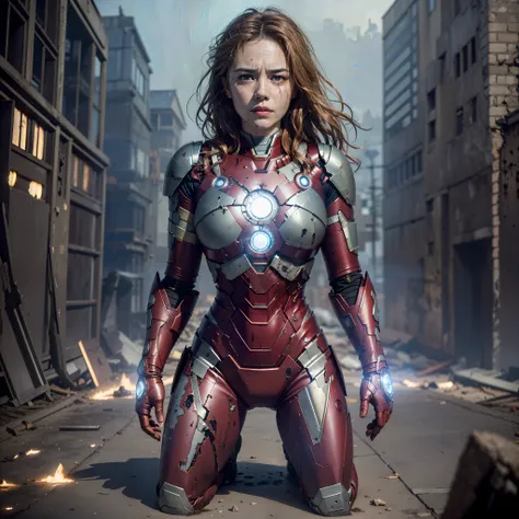(best quality), (masterpiece), (horror), (bloody), Ironman, (brown messy hair), (tired and weak face, busted lips, bleeding lips),(perfect body, perfect boobs, perfect thighs), ((dirty and bloody skin)),(tears, blood, bruises on face and body, blood flowin...