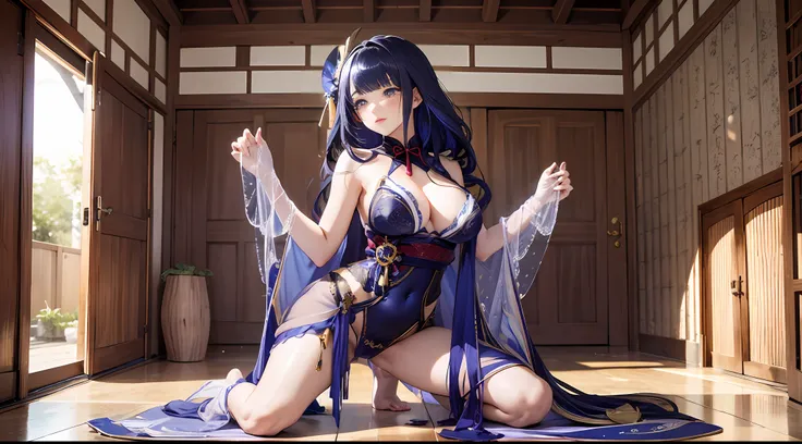（Enrich the picture，Masterpiece level quality）Beautiful 8K CG artwork，Goddess-like posture，Kneeling exercise，Slim and soft，Translucent skin，Black hair、The beauty of extra-long hair, Super Long Straight Hair，The skin is fair and juicy，Underwear uniforms，Per...