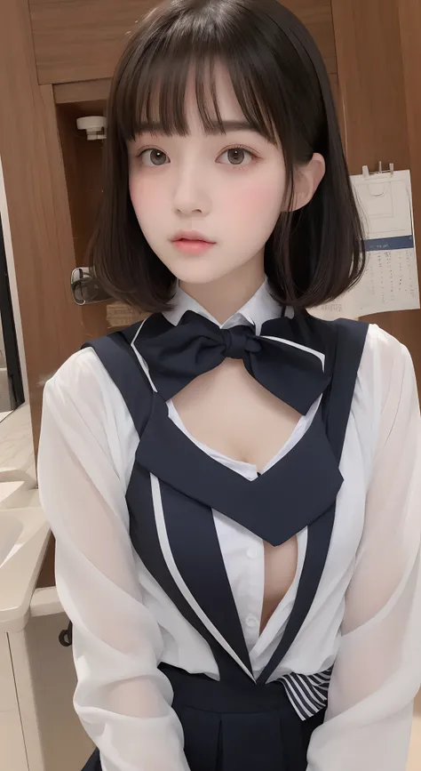 perfect figure beautiful woman:1.4,Layered Hair Style,Protruding cleavage:1.2,JK school uniform:1.5,Highly Detailed Face and Skin Textur,Narrow eyes,二重まぶた,Whitens the skin,short detailed hair,full bodyesbian