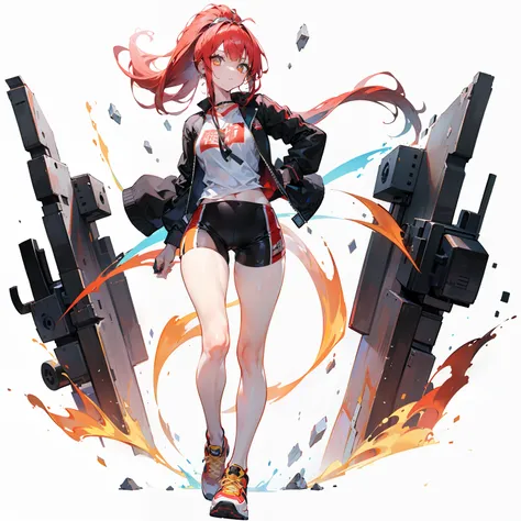 1girll，独奏，((solo person))，（red high ponytail），（long flowing red hair），（long whitr hair），full bodyesbian，black black jacket，short...