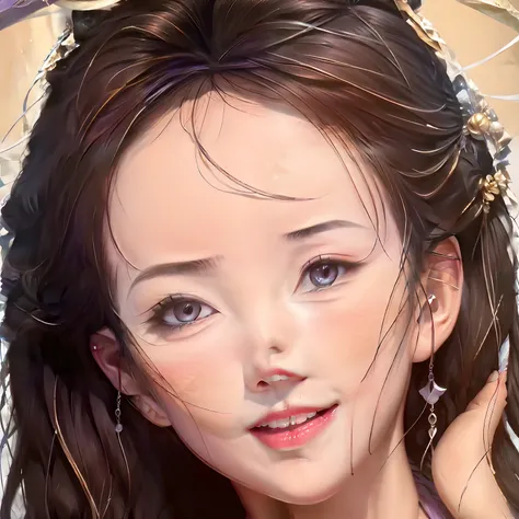 Bust photo，a  beautiful female，messy  hair，teens girl，Symmetrical bun，hair adornments，jewelry，The face is delicate，eye shadows，Purple top，purpleish color，purple，Crop topping，long purple skirt，Dunhuang style，Delicate embroidery，silver decoration，silver stre...
