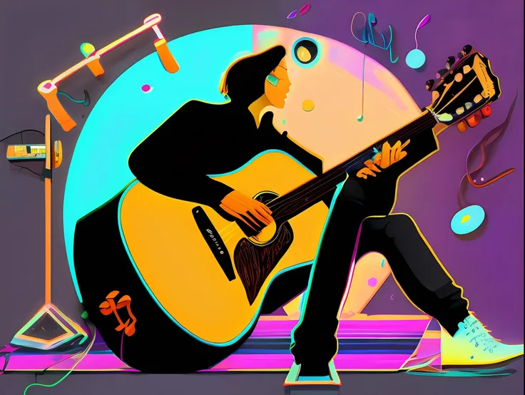 a music illustration, notas musicais, acoustic guitar, guitarra, cores neon por kilian eng