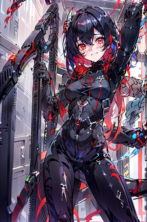 1girll， 独奏， standing on your feet， hair adornments， red eyes， ， blood stain， mechanicalparts， electrical wires， electric cables，...