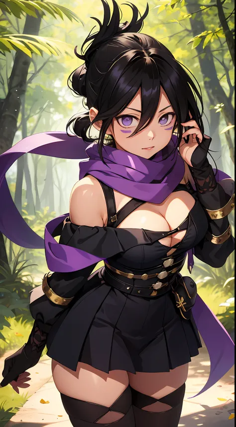 （tmasterpiece，best qualtiy：1.2），cowboy lens，独奏，focal，1girll，Off-the-shoulder attire，cleavage，Keep ones mouth shut，folded ponytail，Black tights，Purple scarf，ln the forest