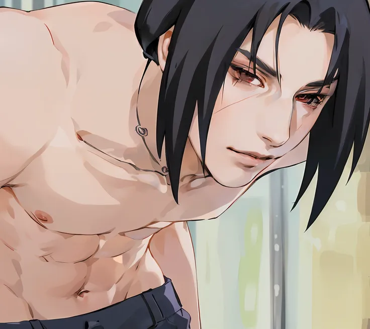 shirtless man leaning against camera, itachi uchiha, itachi, uchiha itachi, corpo detalhado, (rosto detalhado), olhos pretos, bo...