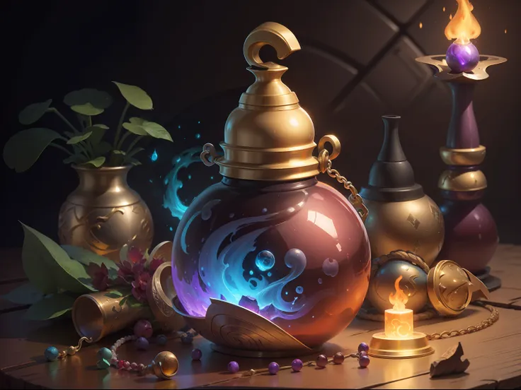 um close up de uma garrafa com uma luz brilhando sobre ela, concept art magical highlight, painting of one health potion, potion...