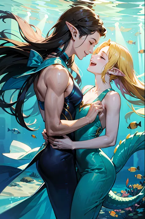 (absurdres, highres, ultra detailed, realistic) two adorable mermaids with elf ears, their laughter echoed through the underwate...