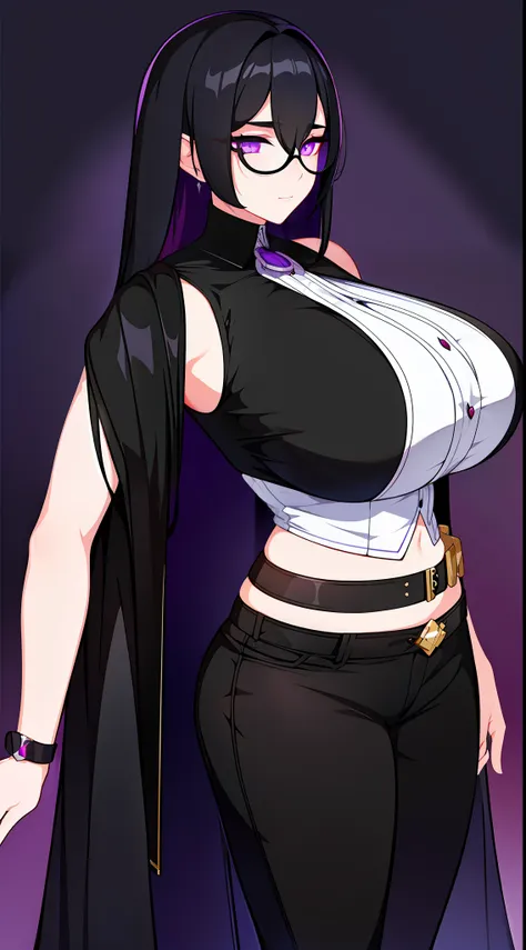 young girl, long black hair, violet eyes, eyeglasses, black sleeveless shirt, huge-breasts, pants, fuel oil, an overly curious p...