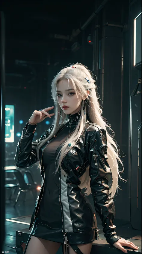 ((best quality)), ((masterpiece)), (detailed: 1.4), 3d, cyberpunk, a beautiful woman with long white hair