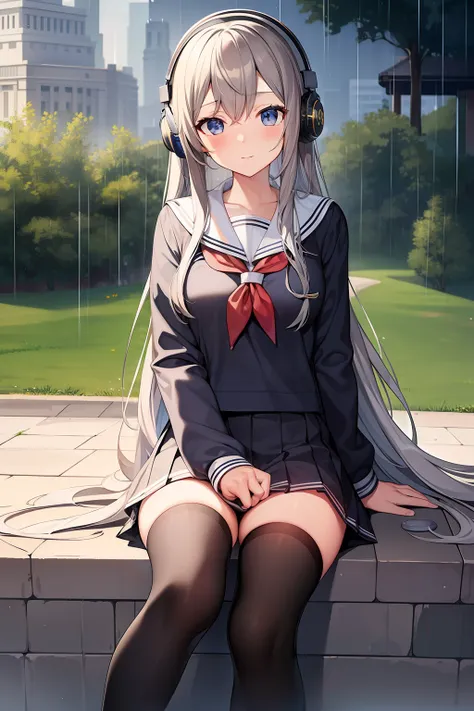 masterpiece, best quality, in spring, rainy days, the top of the hill, girl, mature, student, long hair, grey hair, sailor suite...