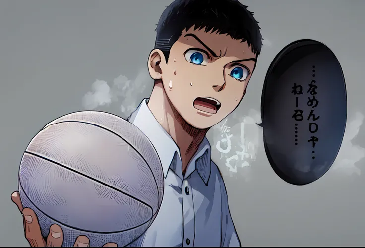 a anime of a boys manga, crew cut hairstyle, black hair color, blue eyes, open mouth, basketball, white shirt, sweat, text manga...