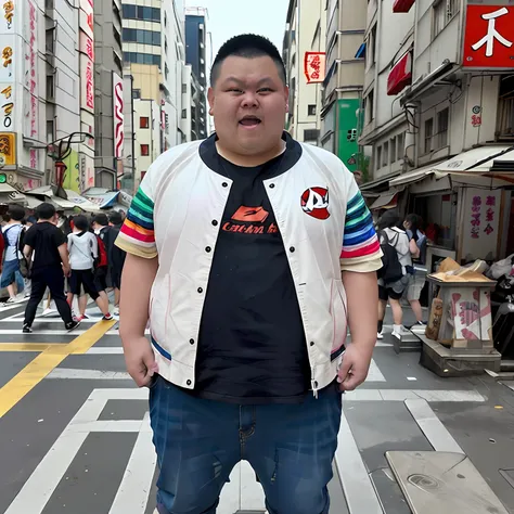 fat, whoami,capture the unique scene of a stereotypical anime otaku in akihabara, the otaku should be hyper-realistic, with a hi...