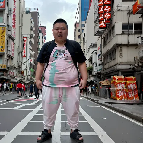 fat, whoami,capture the unique scene of a stereotypical anime otaku in akihabara, the otaku should be hyper-realistic, with a hi...