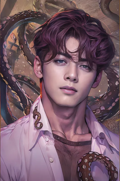 1boys， musculous，tentacle wrapping，tmasterpiece， photorealestic， eunwoo， brunette color hair， dark brown colored eyes， handsome，...