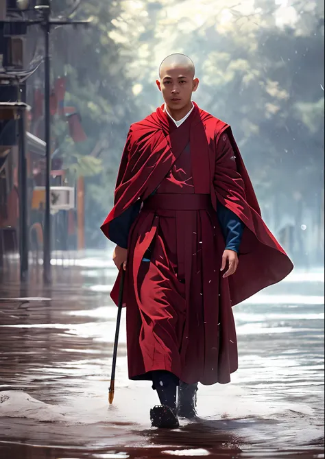 Majestic monks walking on water in a storm,Dressed in a shiny red cassock,A resolute expression,A ray of light descended from the sky,tmasterpiece,HighestQuali,high qulity,Highly detailed CG unit 8k wallpaper,an award winning photograph,Bokeh,depth of fiel...