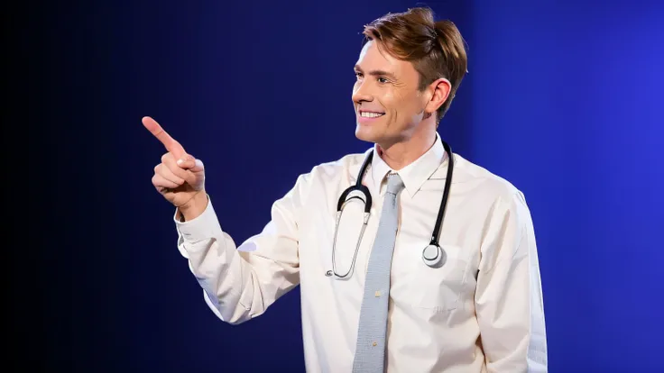 Blonde-haired male doctor pointing at something with a stethoscope on his chest, Male physician, medic, medic, with a stethoscope, (medic), usando jaleco, foxish guy in a lab coat, vestindo jaleco, healthcare, com jaleco, usando jaleco, medical photography...