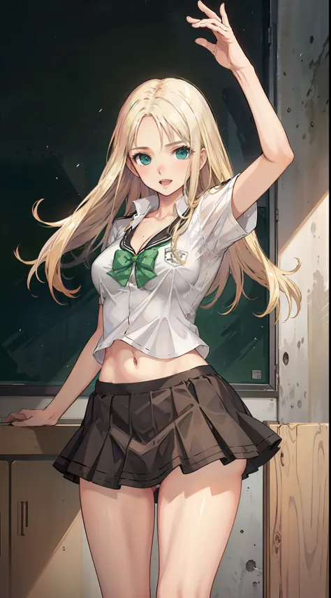 blonde hair, long hair, green eyes, happy, school uniform, short skirt, medium breast, cleavage, classroom, slim legs, navel, op...