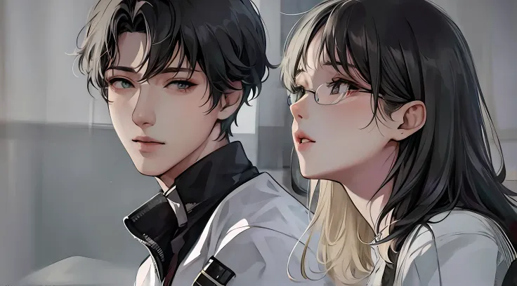 anime couple with short hair and black and white clothes looking at each other, trending on artstration, artwork in the style of...