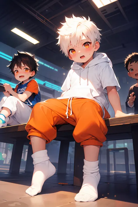 2 chubby little boys with white hair and shiny orange eyes and colorful socks wearing a hoodie, and oversized sweatpants sitting...